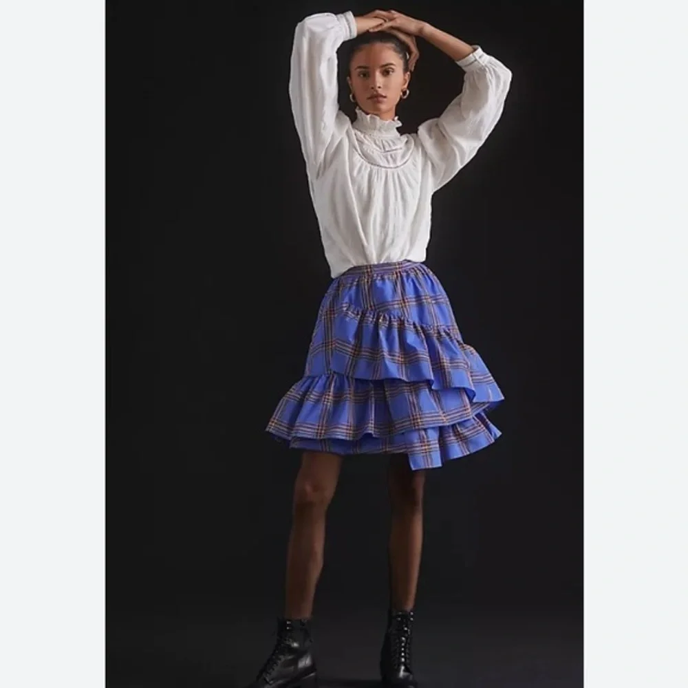 Anthropologie Maeve Tiered Ruffled Bubble Mini Skirt Blue Motif Size 8